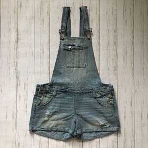 L.E.I. Destroyed Denim Adjustable Overall Shorts